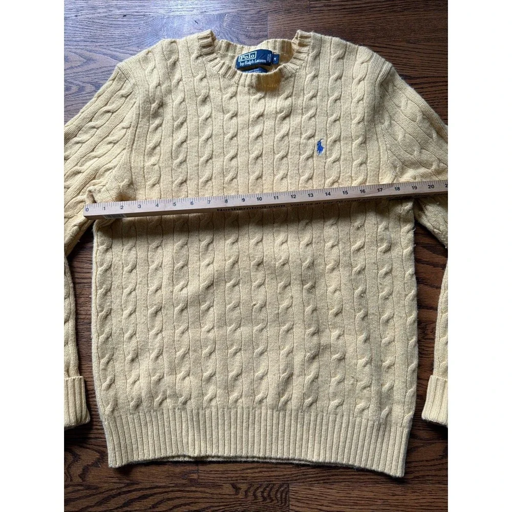 Polo Ralph Lauren Cable Knit Crewneck Sweater Men's Medium Yellow Blue Pony - Picture 5 of 6